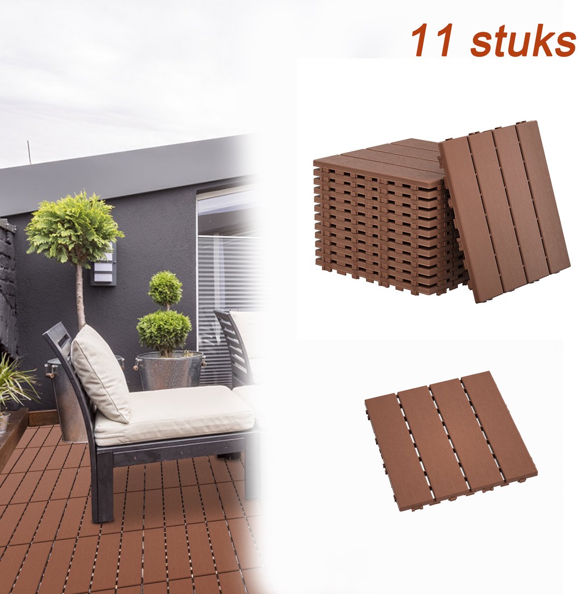 11x WPC Kliktegels 30x30 cm - Terrastegels voor Balkon, Tuin & Terras - Houtlook - Antislip - Weerbestendig - Recht Patroon - Bruin