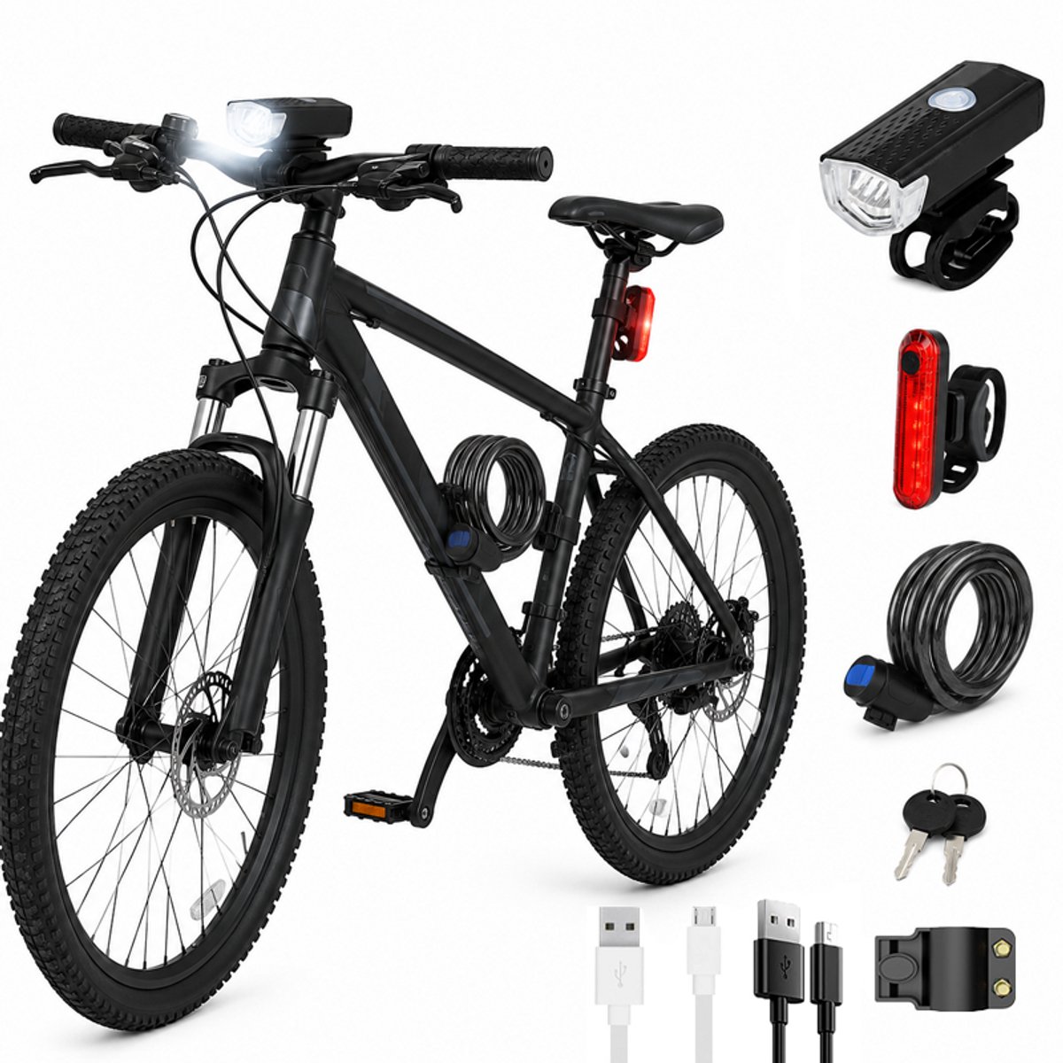 OUYLAF fietsverlichting set - oplaadbare fietsverlichting + fietsslot met sleutels - Fietsverlichting set met fietsslot - Fietsslot met code 110 cm inclusief fietsverlichtingsset voor‑ en achterlicht - waterbestendig - geschikt voor stadsfiets