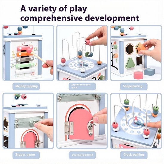 8-in-1 Houten Activiteitenkubus - Montessori Speelgoed 1-3 Jaar - Educatieve Motoriek Kubus met Xylofoon & Vormensorteerder - Blauw & Pastel — afbeelding 2