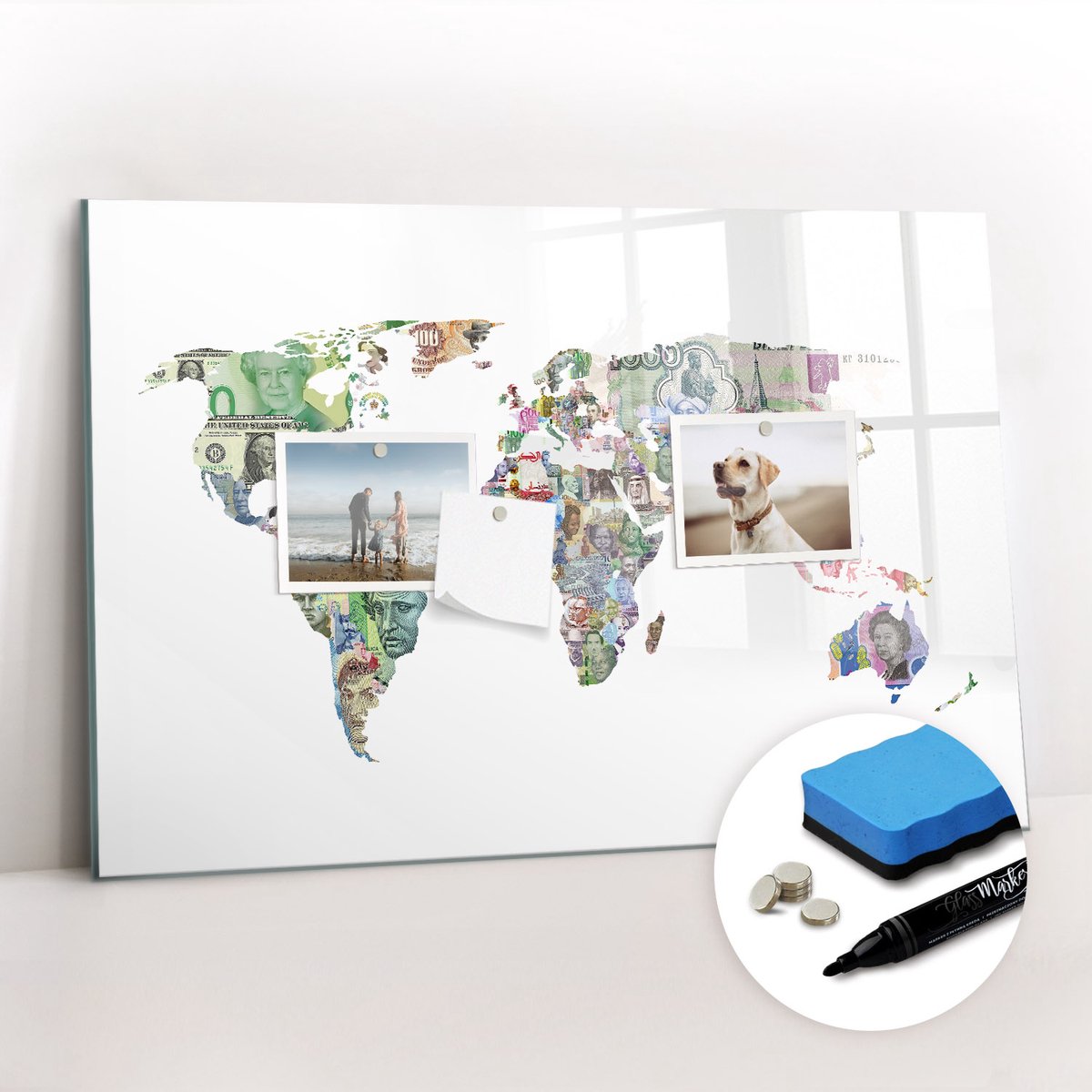 Tulup Whitebord - Wereldkaart van Banknew - 60 x 40 cm - Veelkleurig Magneetbord Muur - Gratis 5 Sterke Magneten + Whiteboard Marker & Wisser - Decoratief Magnetisch Bord - Memobord Keuken - Inspiratiebord Kantoor