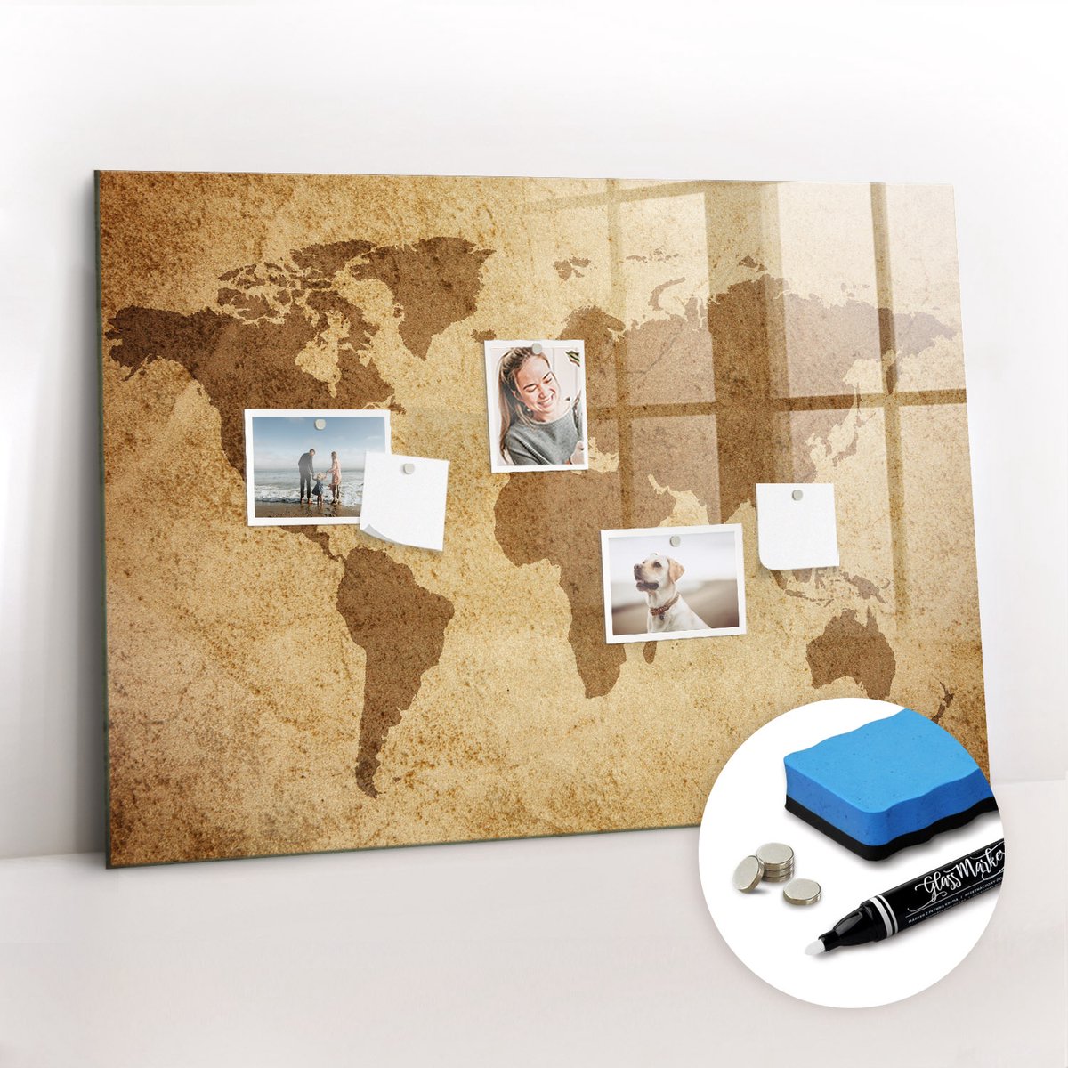 Tulup Whitebord - Vintage wereldkaart - 100 x 70 cm - Bruin Memobord Keuken - Gratis 5 Sterke Magneten + Whiteboard Marker & Wisser - Stylish Memo Board - Magnetisch Bord Kind - Organiseer Je Bureau