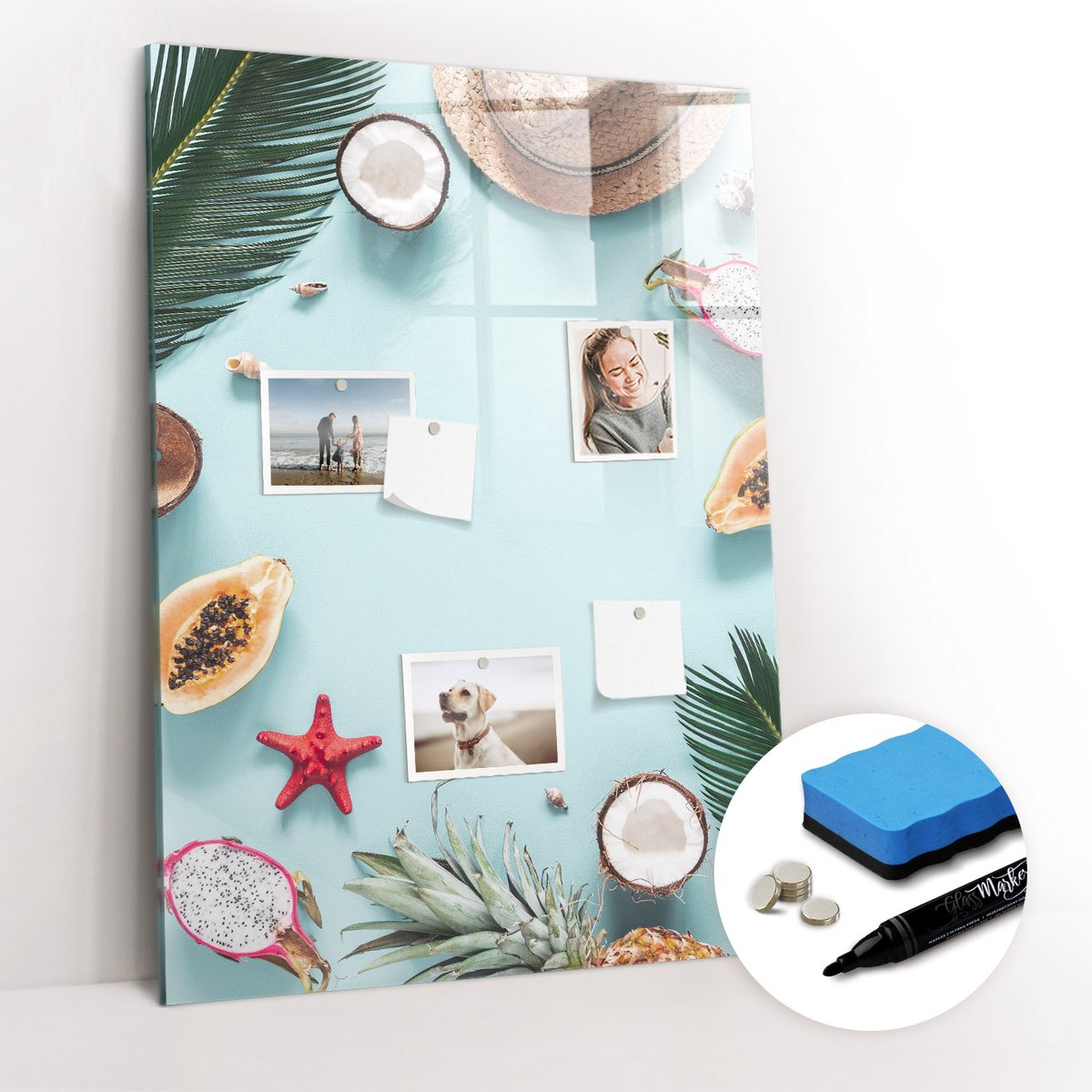Tulup Whitebord - Zomercompositie - 70 x 100 cm - Turkoois Magneetbord Design - Gratis 5 Sterke Magneten + Whiteboard Marker & Wisser - Moderne Wanddecoratie - Magnetisch Bord Kind - Notitiebord Werkplek
