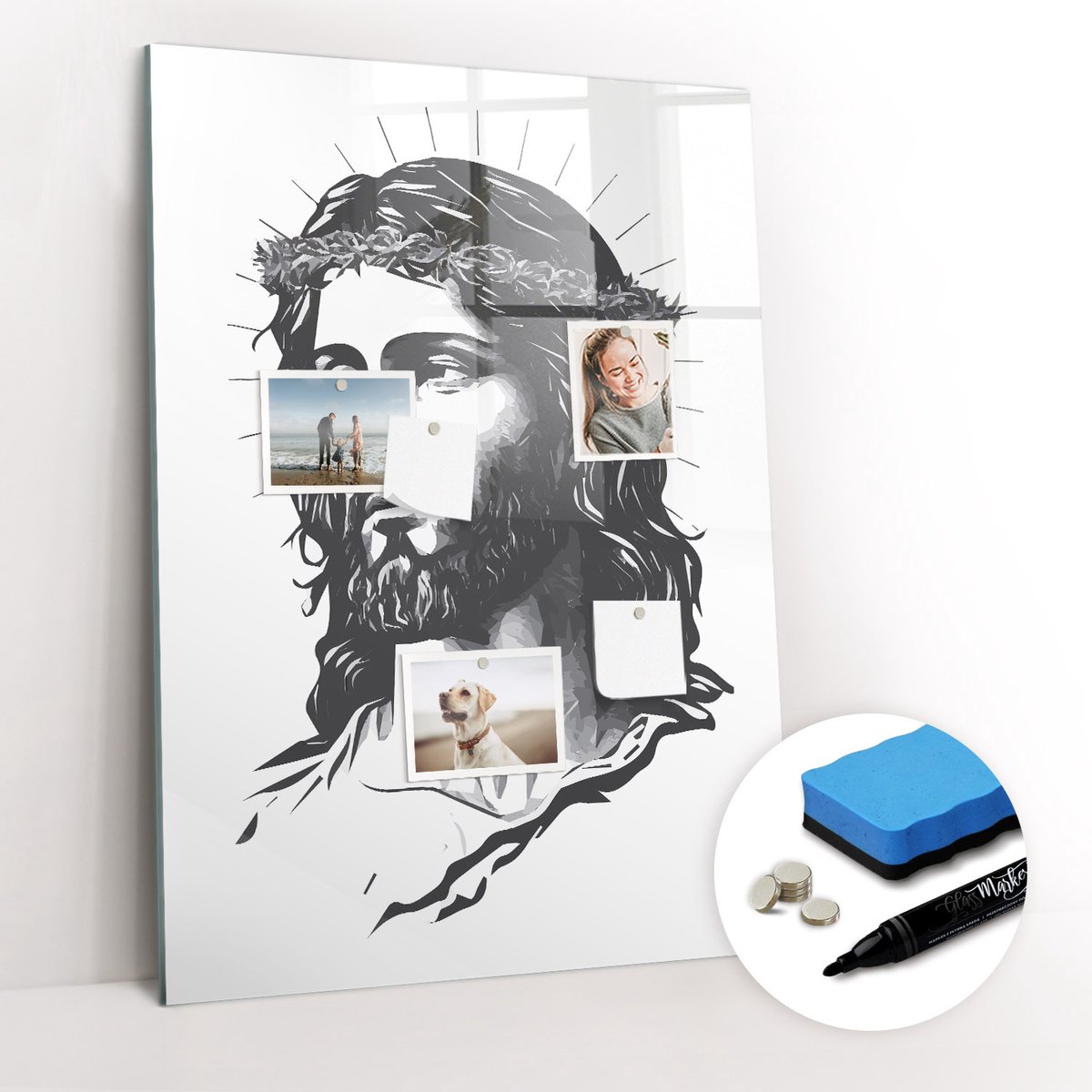 Tulup Whitebord - Jezus Christus - 70 x 100 cm - Wit Magnetisch Memobord - Gratis 5 Sterke Magneten + Whiteboard Marker & Wisser - Decoratief Magnetisch Bord - Magneetbord Foto - Inspiratiebord Kantoor