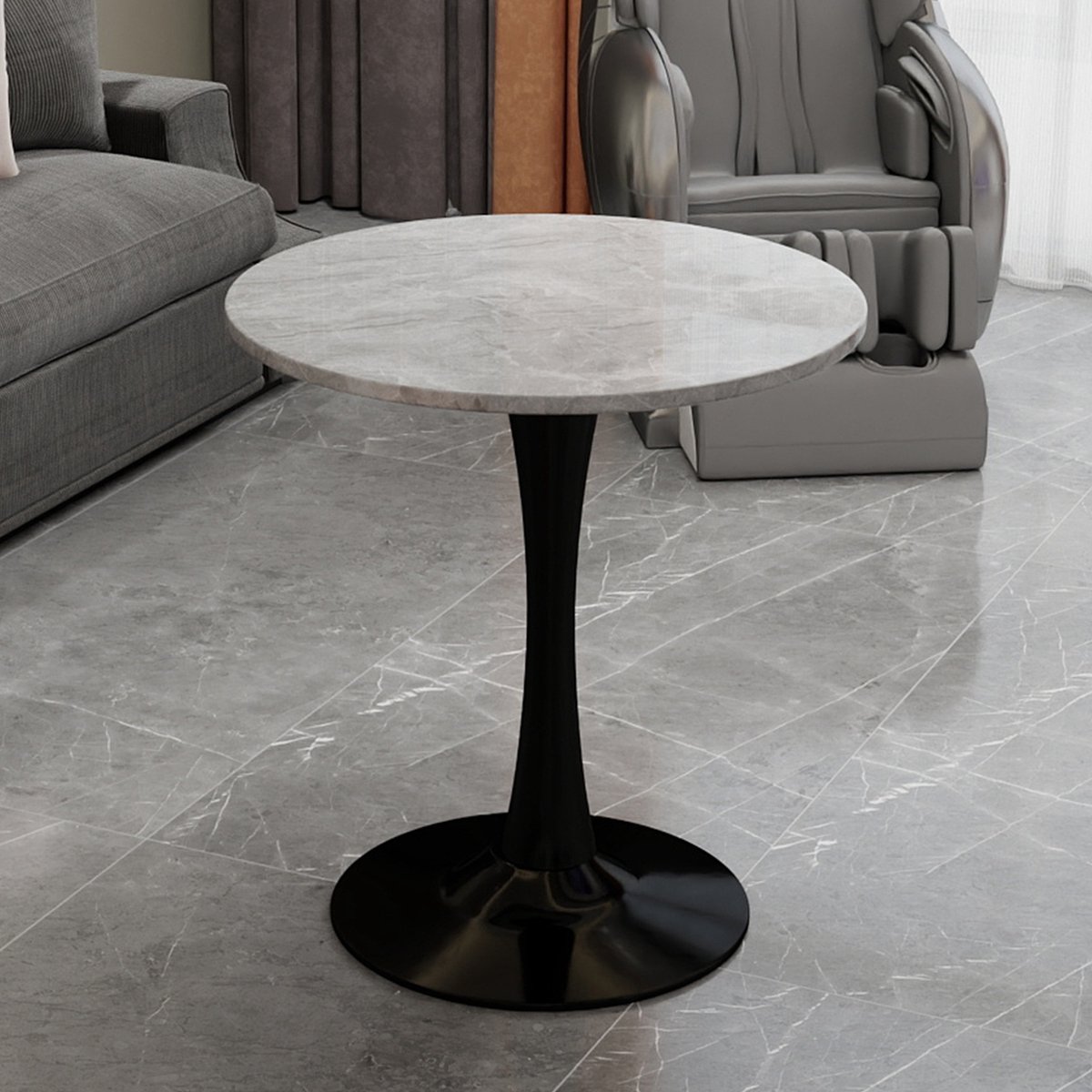 KOMHTOM - Ronde Salontafel en Eettafel - Mid-Century Modern Stijl - 27,6 Inch - Rond Marmeren Tafelblad met Lichtgrijze Adering - Zwart - Geschikt voor 2-4 Personen