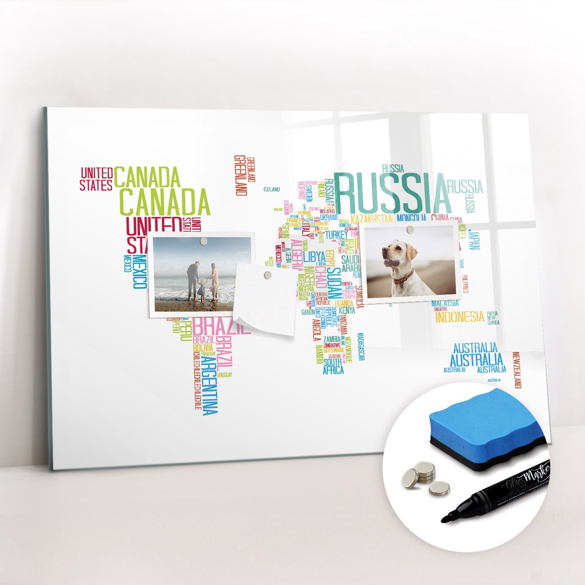 Tulup Whitebord - Kaart met landnamen - 60 x 40 cm - Veelkleurig Magnetisch Wandbord - Gratis 5 Sterke Magneten + Whiteboard Marker & Wisser - Scandinavisch Design Bord - Magneetbord Muur - Planning Muur