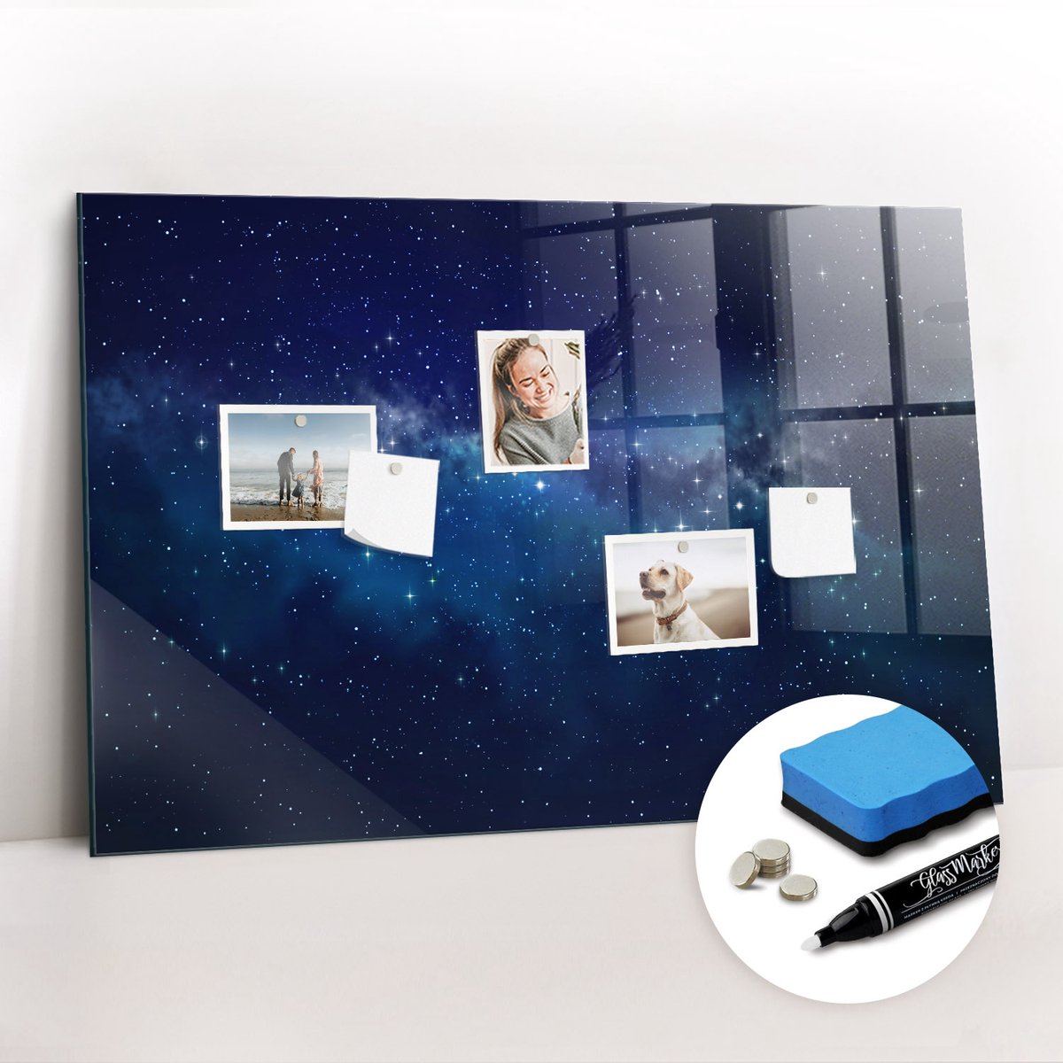 Tulup Whitebord - Donkere hemel sterren - 90 x 60 cm - Marine Magneetbord Rechthoekig - Gratis 5 Sterke Magneten + Whiteboard Marker & Wisser - Moderne Wanddecoratie - Memobord Keuken - Planning Muur
