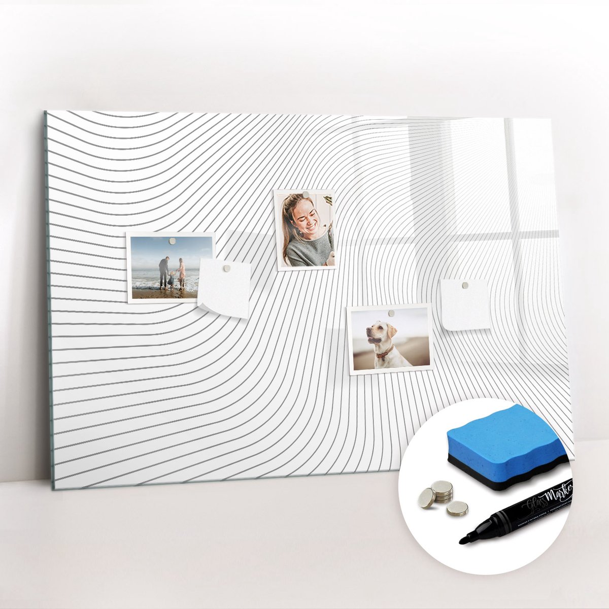 Tulup Whitebord - Abstracte lijnen - 90 x 60 cm - Zwart-wit Magneetbord Design - Gratis 5 Sterke Magneten + Whiteboard Marker & Wisser - Stylish Memo Board - Magneetbord Rechthoekig - Planning Muur