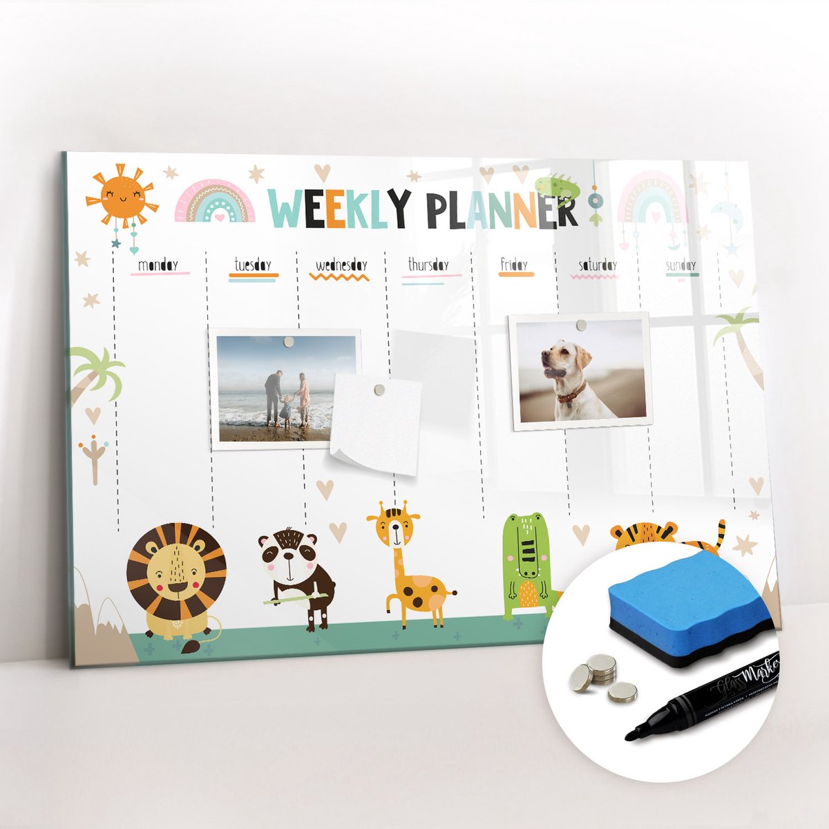 Tulup Whitebord - Dierenweekplanner - 60 x 40 cm - Veelkleurig Magnetisch Memobord - Gratis 5 Sterke Magneten + Whiteboard Marker & Wisser - Decoratief Magnetisch Bord - Magnetisch Memobord - Inspiratiebord Kantoor