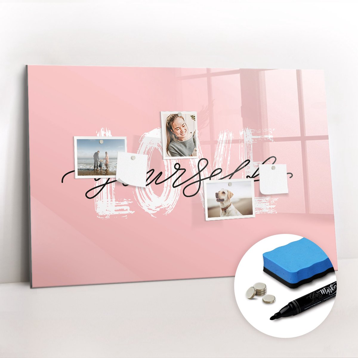 Tulup Whitebord - Houd van jezelf (tekst) - 90 x 60 cm - Roze Magnet Board - Gratis 5 Sterke Magneten + Whiteboard Marker & Wisser - Wanddecoratie Kantoor - Memo Bord - Productiviteit Tools