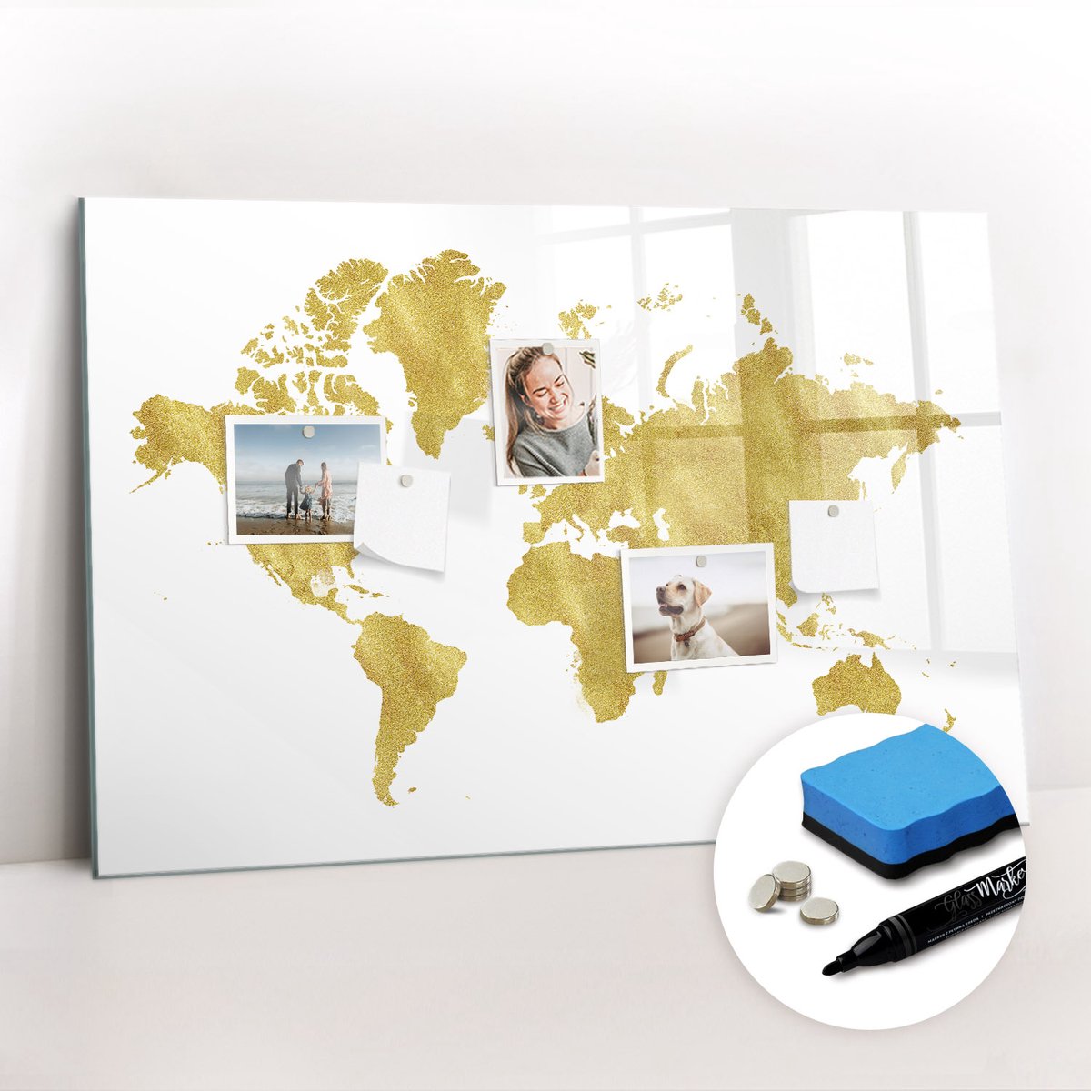 Tulup Whitebord - Gouden wereldkaart - 90 x 60 cm - Geel Magnetisch Bord Kind - Gratis 5 Sterke Magneten + Whiteboard Marker & Wisser - Design Memobord - Foto Magneetbord - Ideeënbord Thuiswerkplek