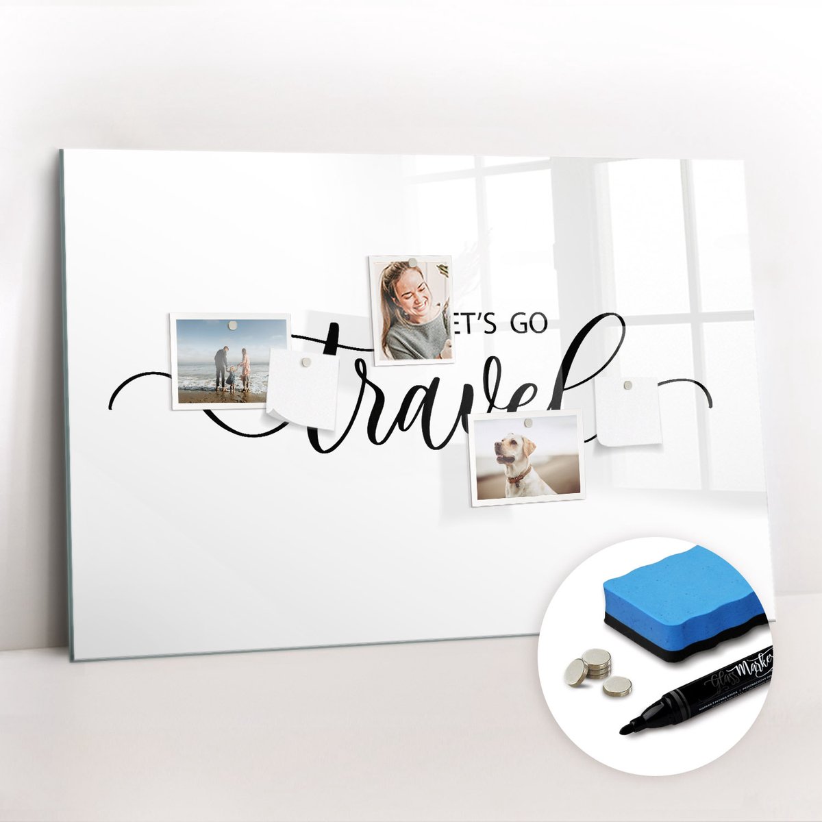 Tulup Whitebord - De inscriptie reist - 90 x 60 cm - Zwart-wit Magnet Board - Gratis 5 Sterke Magneten + Whiteboard Marker & Wisser - Decoratief Magnetisch Bord - Magnetisch Bord Kind - Ideeënbord Thuiswerkplek