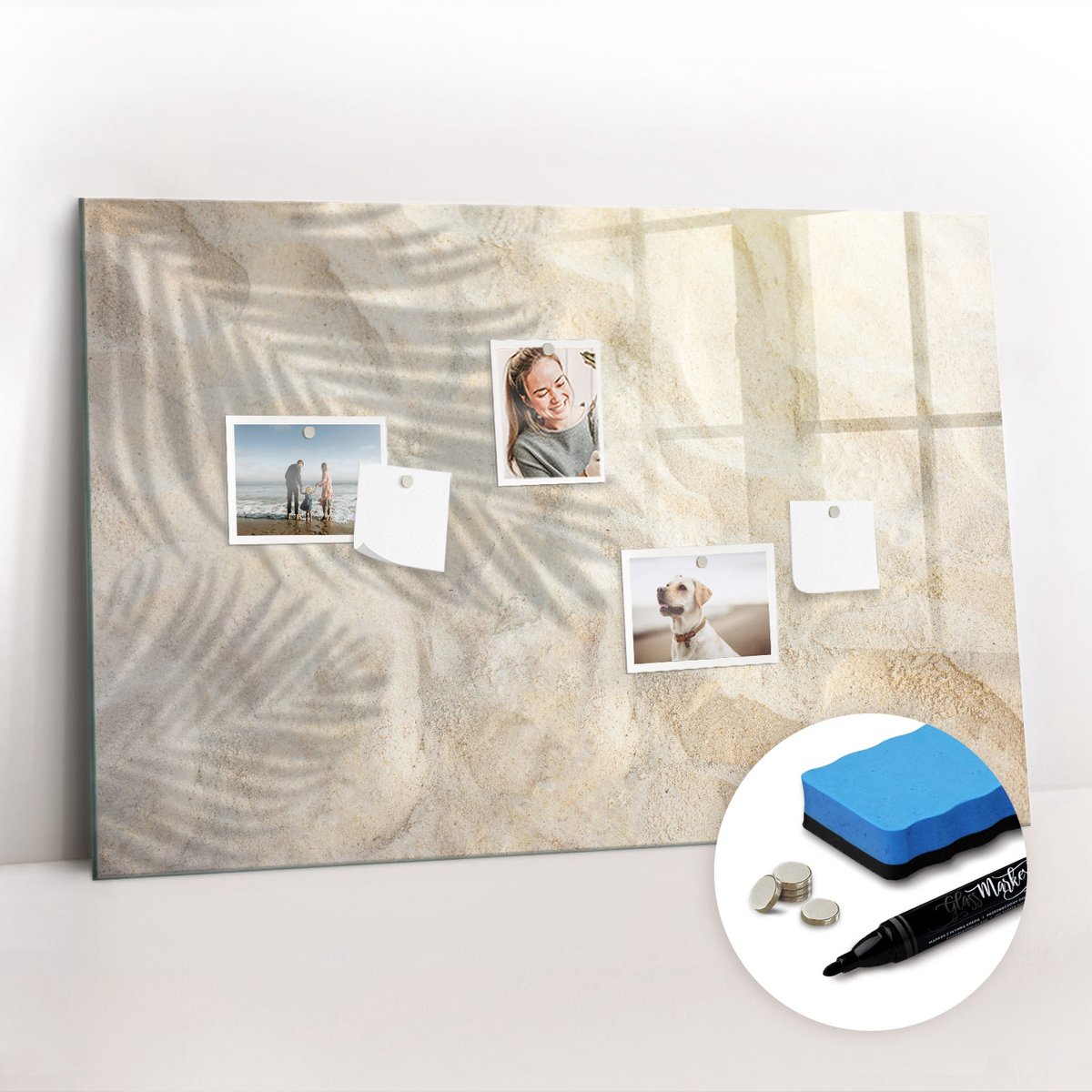 Tulup Whitebord - Schaduw van palmbomen in het zand - 90 x 60 cm - Geel Memo Bord - Gratis 5 Sterke Magneten + Whiteboard Marker & Wisser - Design Memobord - Magnetisch Memobord - Ideeënbord Thuiswerkplek