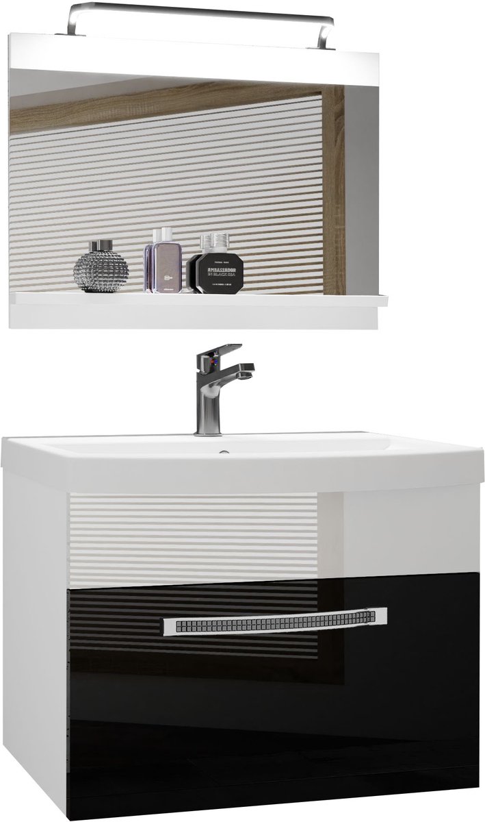BELINI Badkamermeubel Set GLA P 1 - Badmeubelset 60 cm Zwart/Wit Hoogglans met Wastafel, Spiegel en LED Lamp - Wandmontage