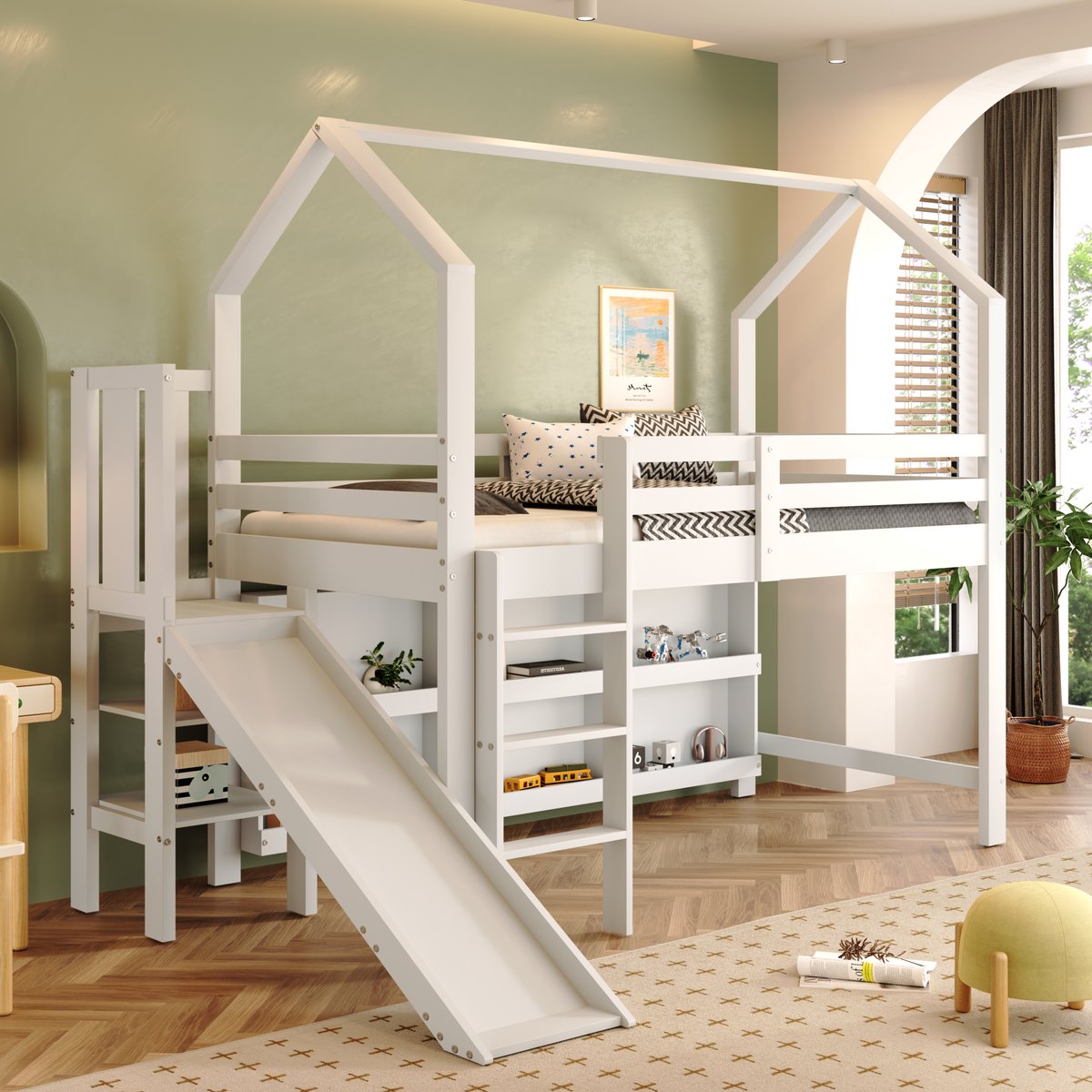 Kinderbed 90x200 cm - Hoogslaper Met Glijbaan Opbergruimte Kast En Planken Wit