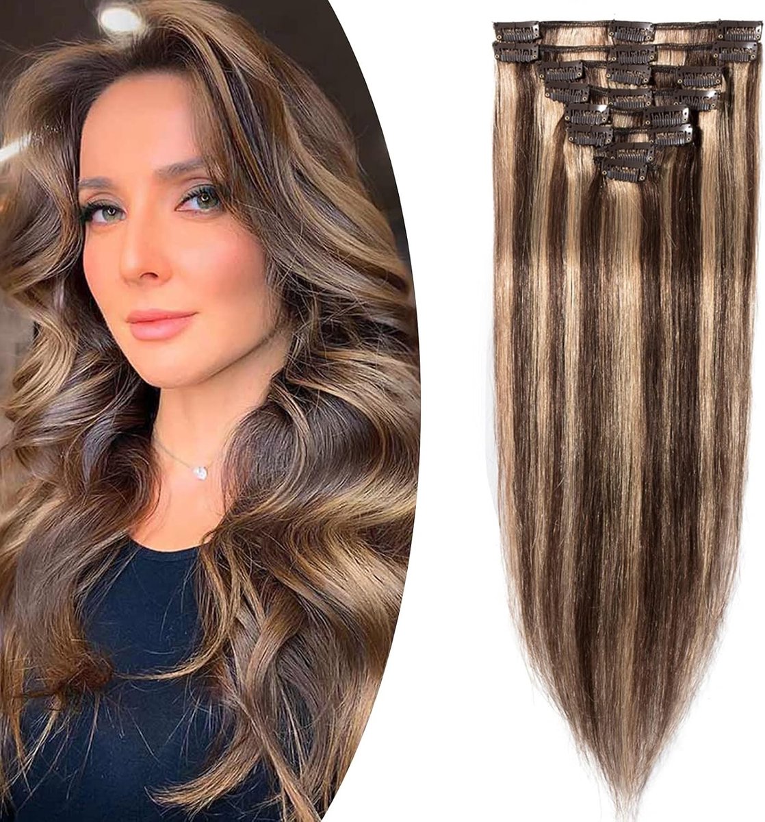 Clip-In Echte Haarextensions, 8 Strengen, Dunne Extensions, 100% Remy Menselijk Haar, Steil, 25 cm (50 g), Medium Bruin/Honingblond, Volumineuze Haarlook, Gemakkelijk te Bevestigen, Perfect voor Elke Gelegenheid