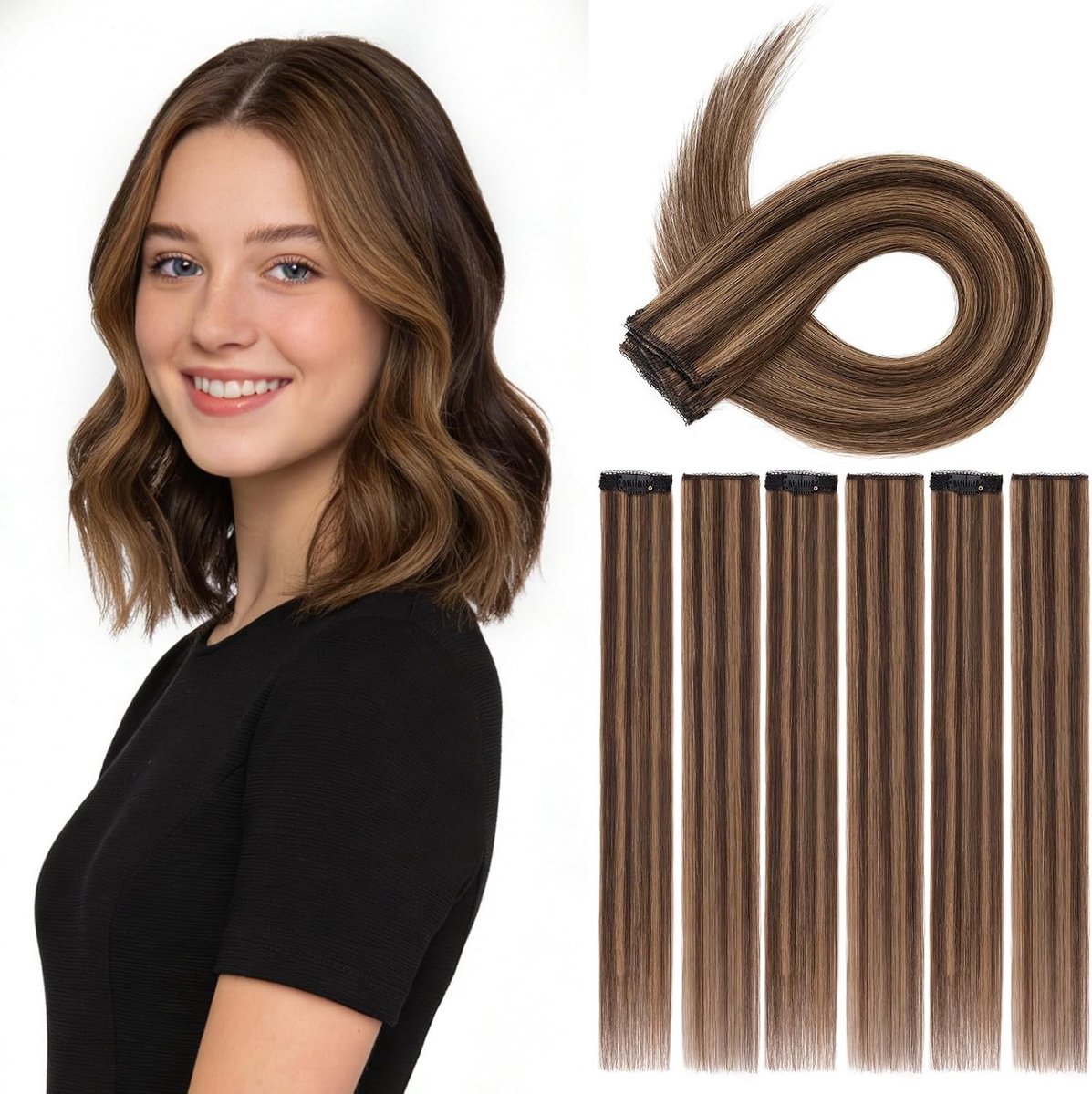 Clip-in Haarextensions van 100% Echt Haar, 6 Stukken met Clips, 55CM Donkerbruin en Lichtbruin, Geschikt voor Vrouwen en Kinderen, Gemakkelijk te Gebruiken en Stijlvol
