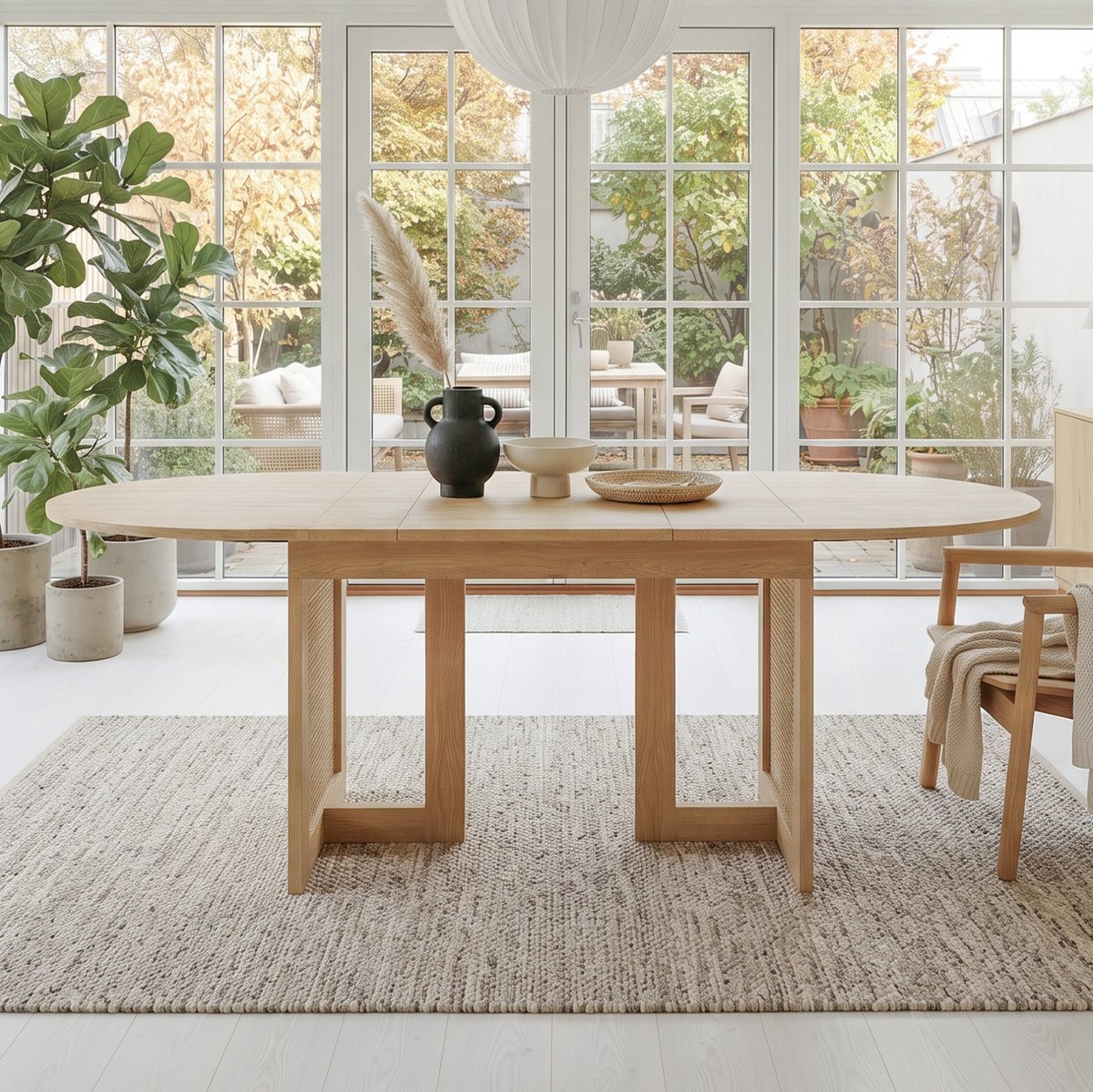 COVREO Eettafel 120/160x80 cm eikenkleur, MDF met rotan details