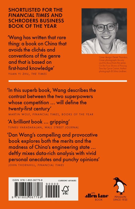Boek kaft met portret van Dan Wang, getiteld 'Breakneck'. Boek werd genomineerd voor de Financial Times Business Book of the Year.