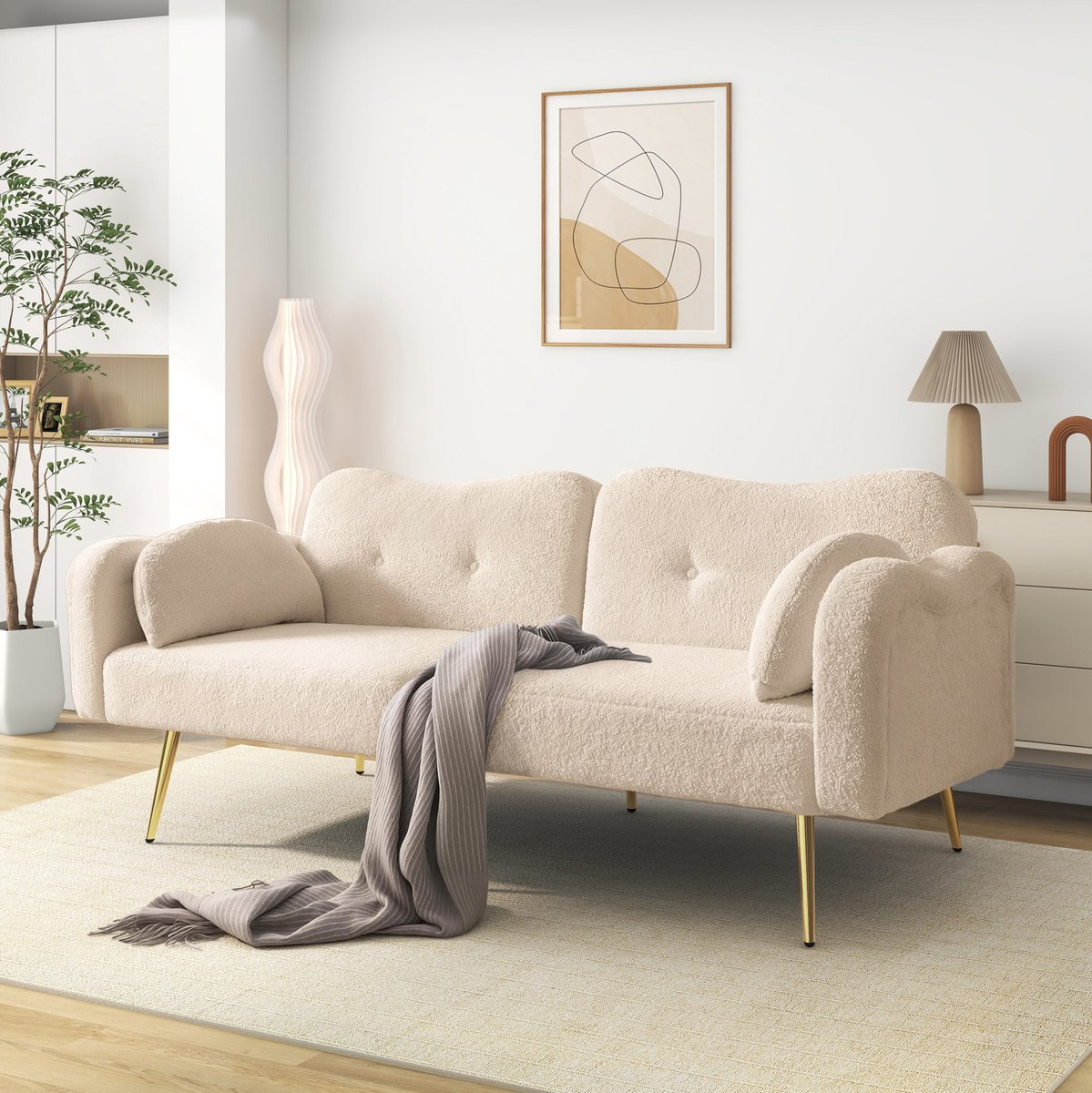 MODENUIT Slaapbank 175 x 79 x 82 cm - Verstelbare Rugleuning En Slaapfunctie - Voor Woonkamer - Metaal Beige