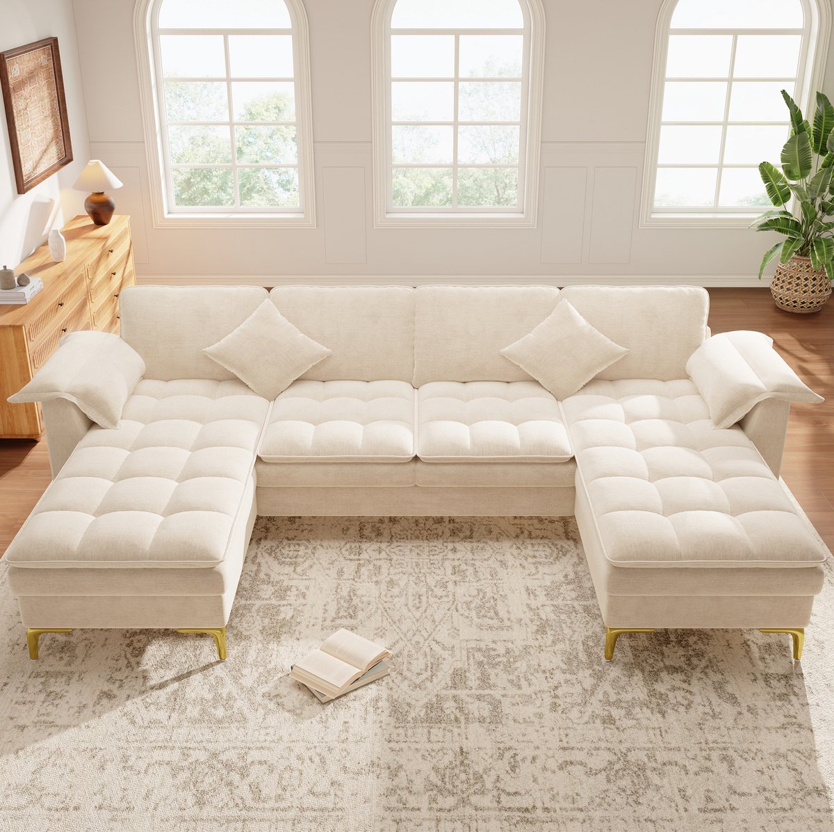 OKWISH U-bank 4-zits - Modulair ontwerp met 2 chaiselongues, wolklook en dubbele schuimkussens - Voor woonkamer en slaapkamer - Chenille - Beige