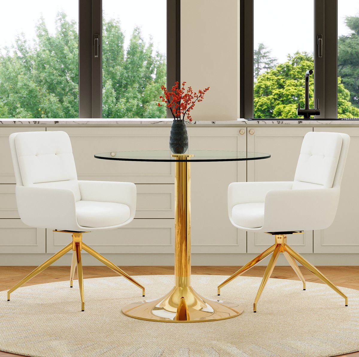 DESMIU Set Tafel En Stoelen 85 Cm - Ronde Eettafel Met Gehard Glas En 2 Draaibare Stoelen - Voor Eetkamer En Lounge - Metaal Transparant Wit Goud