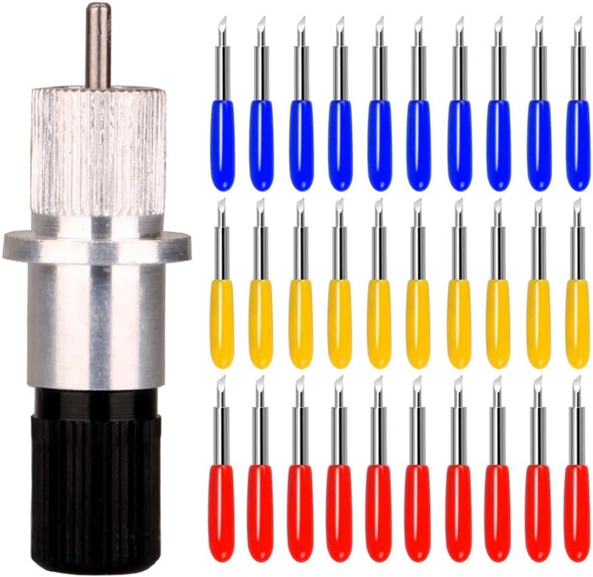 30stuks Blade Vinyl Cutter Plotter Snijmessen voor Roland en de Meeste Binnenlandse en Geïmporteerde Plotter met Meshouderbasis, 10stuks 30° Blauw/10 stuks 45° Rood/10 stuks 60° Geel
