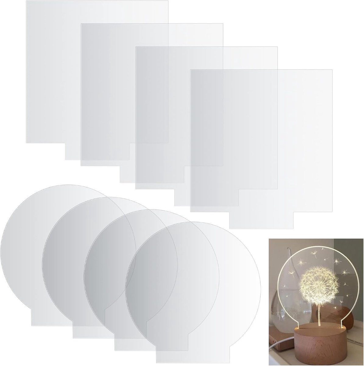 8 stuks transparante acrylplaten, acryl, 2 mm, ronde vierkante plaat voor led-lichtbasis, teken, knutselprojecten, handwerk