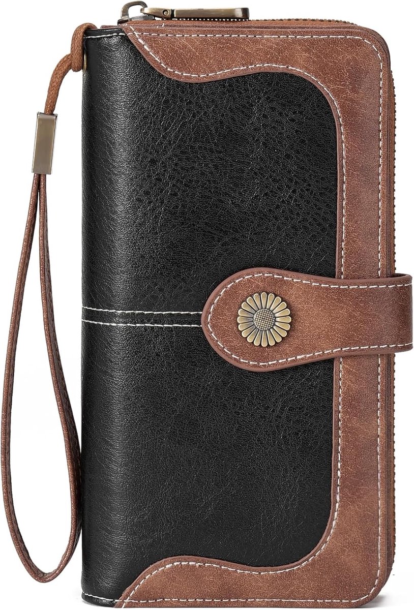 MULE Portemonnee voor dames, leer, grote clutch, RFID-bescherming, blokkering, grote capaciteit, lange portemonnee met kaartvakken en portemonnee voor vrouwen, A01 zwart., Klassiek