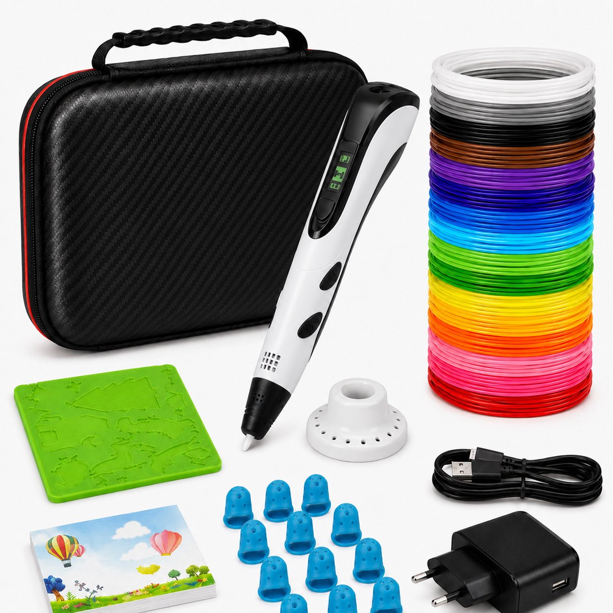 Sercano 3D Pen Starterspakket XXL - 150 m filament - 30 kleuren - ABS & PLA - incl. tekenmat, boek, USB-C-lader en opbergcase - voor Kinderen 8+ - wit