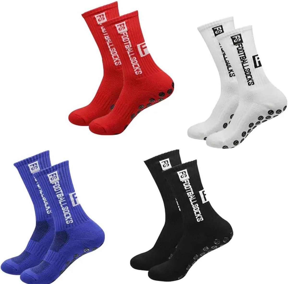 Voetbalsokken 4-pack Unisex - Wit/Zwart/Rood/Blauw - Antislip Grip - Versterkte Hiel - Voor Training en Wedstrijden