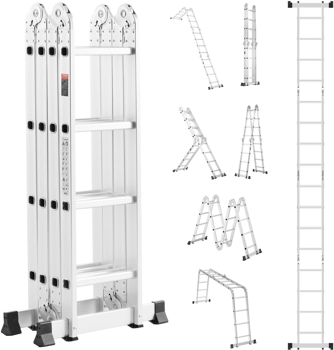SnelShoppen - VEVOR Multifunctionele Opvouwbare Ladder 7-in-1, 4-traps Telescopische Ladder met 4,7 m Bereikhoogte, Zware Verstelbare Ladder tot 350 l