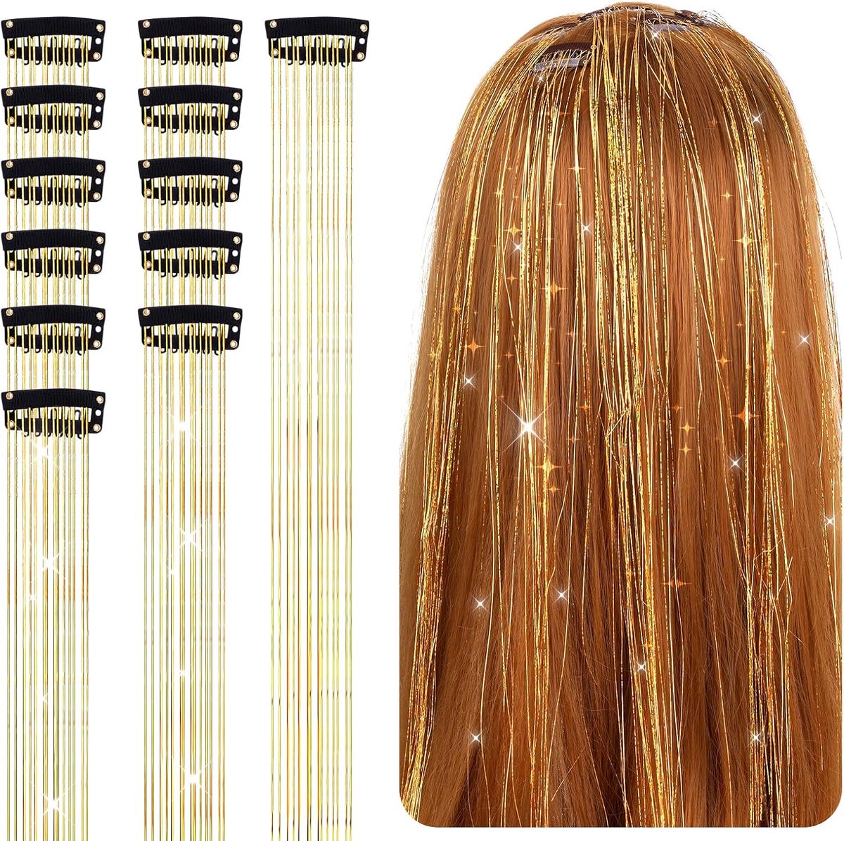 12 stuks glitter haarstrengen lametta, 50,8 cm haarkoorden tinsel haarextensies, glitter meisjes, accessoires, feesthighlights, haarstrengen om in te vlechten, haarstukje met clip (champagne)