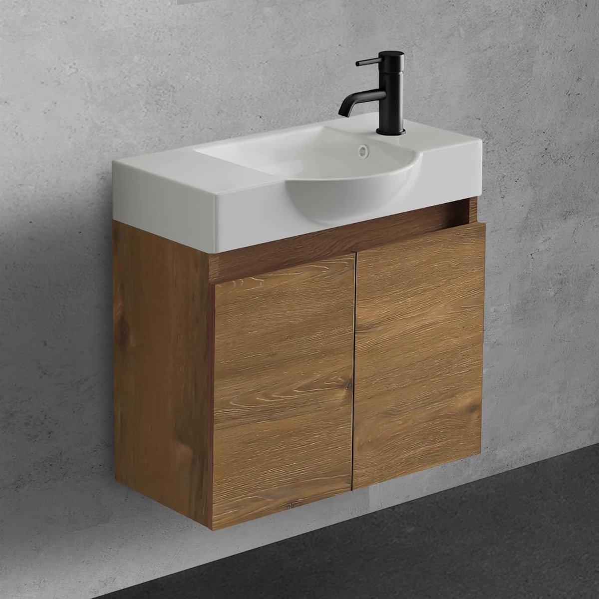 SnelShoppen - Wasbak met Onderkast 55 cm Breed, Modern Set voor Badkamer, Gastentoilet, Opbergkast van Eikenhout, Ruimtebesparend Design