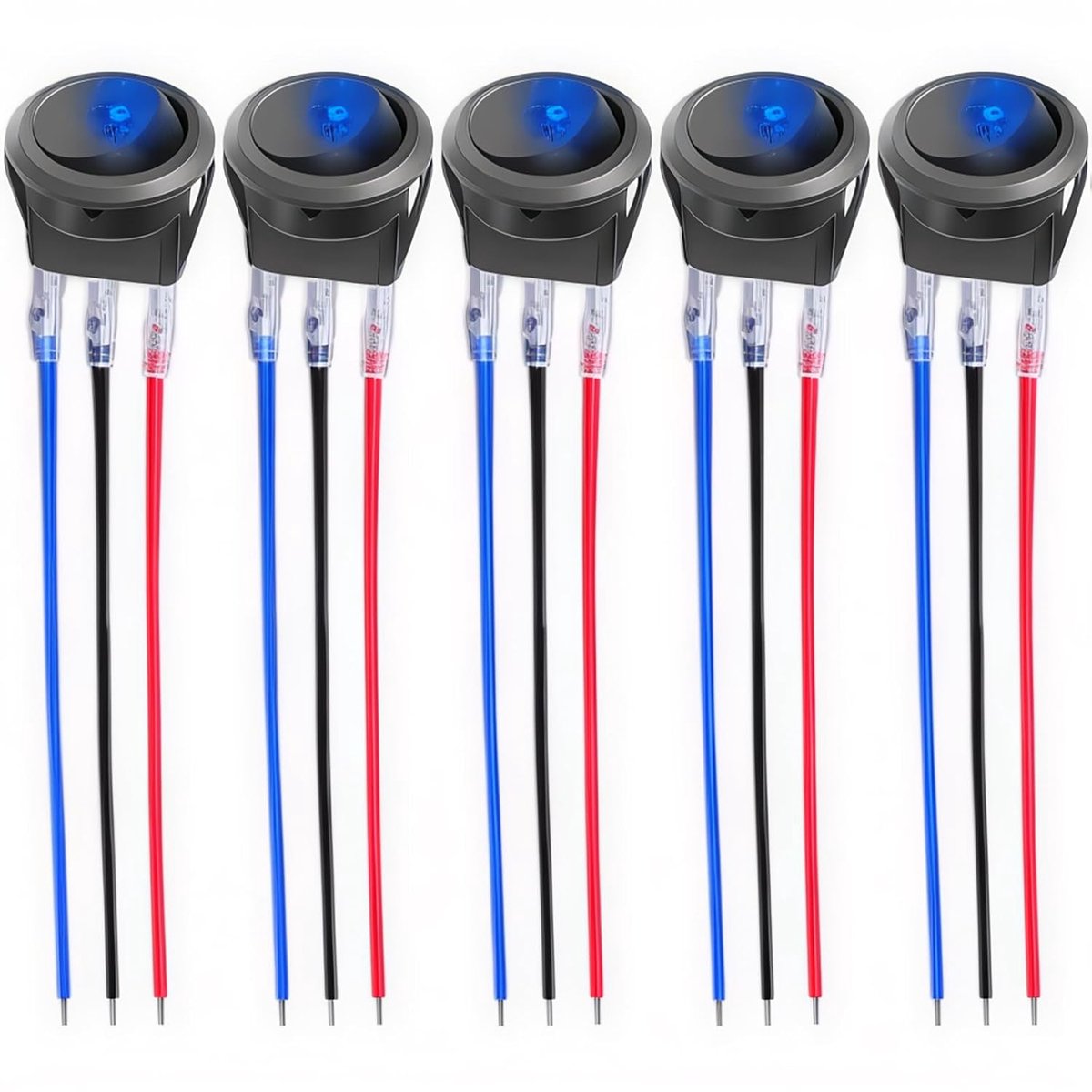 tuimelschakelaar, 12 V, 20 A / 24 V, 10 A LED wipschakelaar (met 16AWG draad) SPST aan/uit voor auto, vrachtwagen, off-road, boot, marine (5 sets) (Blauw)
