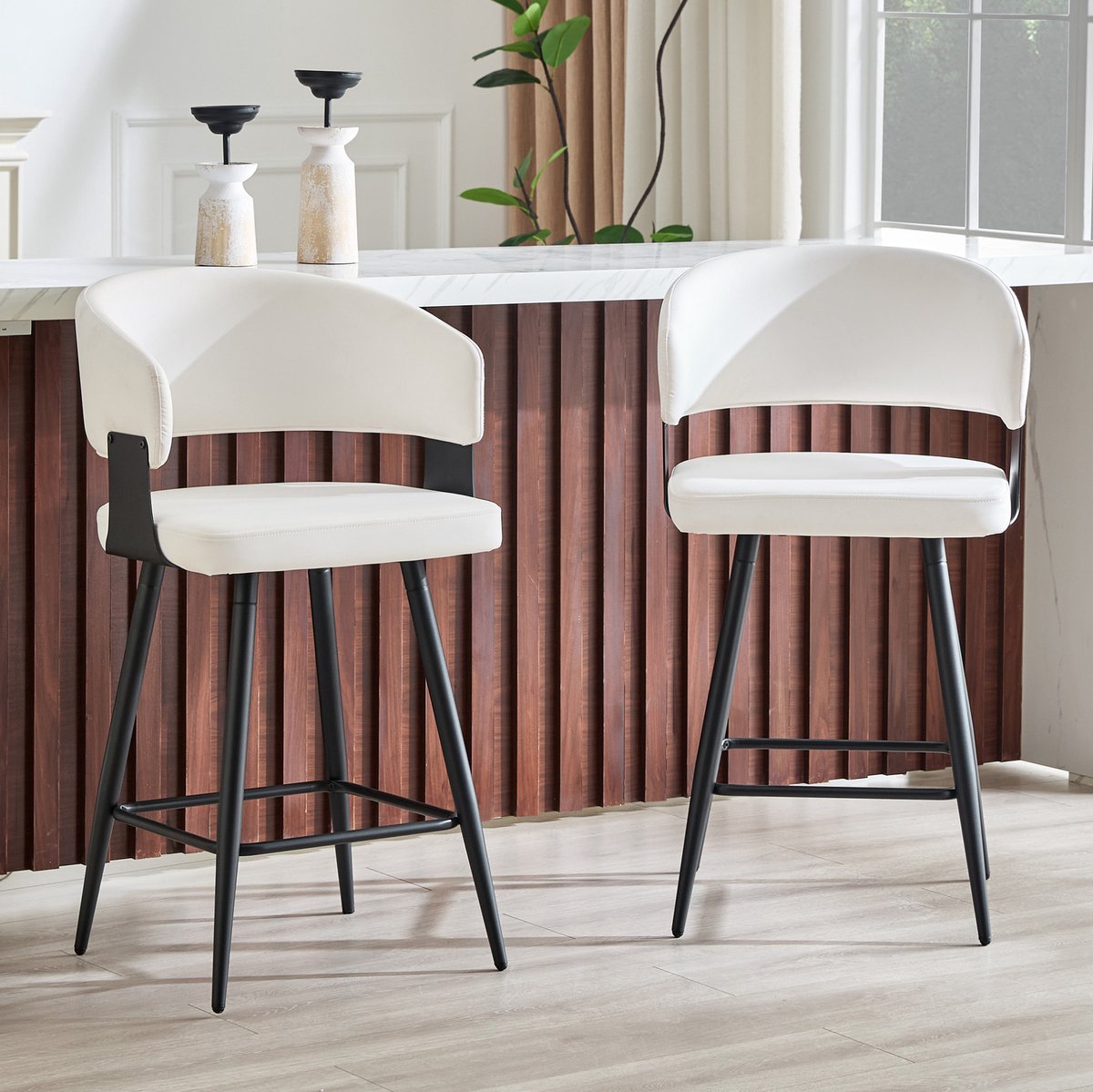 MIVRAY Barkruk Set van 2 94,5 cm Met Rugleuning En Voetsteun Voor Keuken Bar En Eiland Modern Design Kunstleer Wit