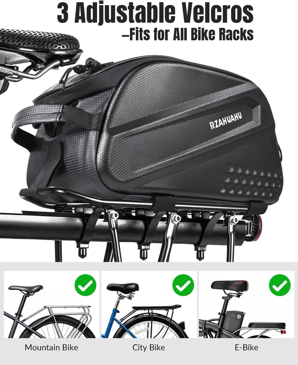 SnelShoppen - Fietsenrek Tas voor Fiets Achter, 12L Waterdichte Hard Shell Bike Trunk Bag met Reflecterende Strip, 3-in-1 Fietstas met Handvat en Scho