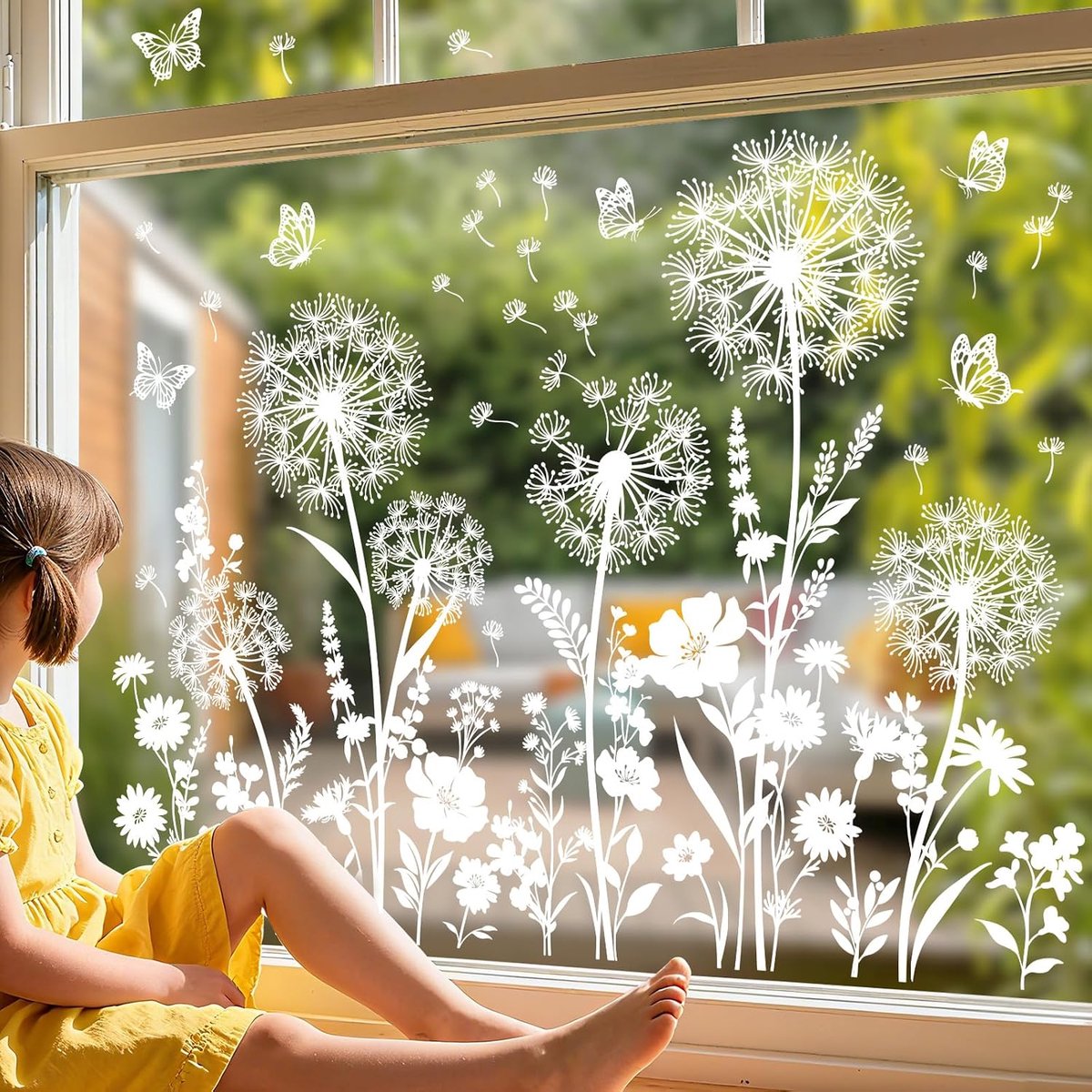 Raamstickers Witte Paardenbloem En Vlinders Lente Zomer Glasdecoratie Anti-botsing Dubbelzijdige Vinyl Stickers Voor Venster En Spiegels