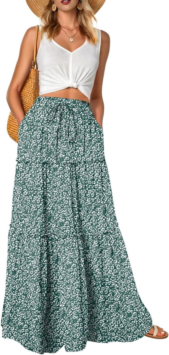 Rokken voor dames, hoog getailleerde vloeiende maxi zomerrokken, trendy bloemen, schattige lange rokken met zakken