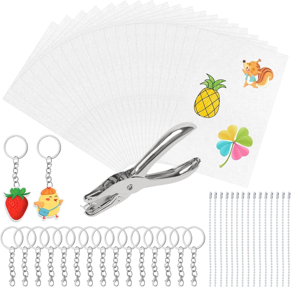Set van 51 stuks thermoschromische folie, 20 vellen thermoschromisch papier met sleutelhanger, ketting met kralen en perforator, krimpfolie van kunststof voor sleutelhangers, hanger