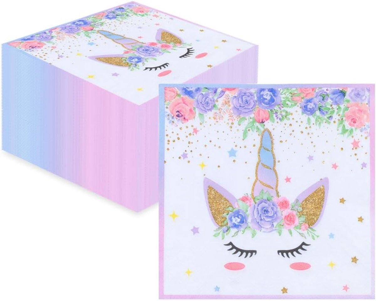 40 vellen servetten in eenhoornvorm, papieren servetten in eenhoornvorm, verpakking, verjaardagsservetten, tafeldecoratie voor feestjes, eenhoorn-themadecoratie (paars)