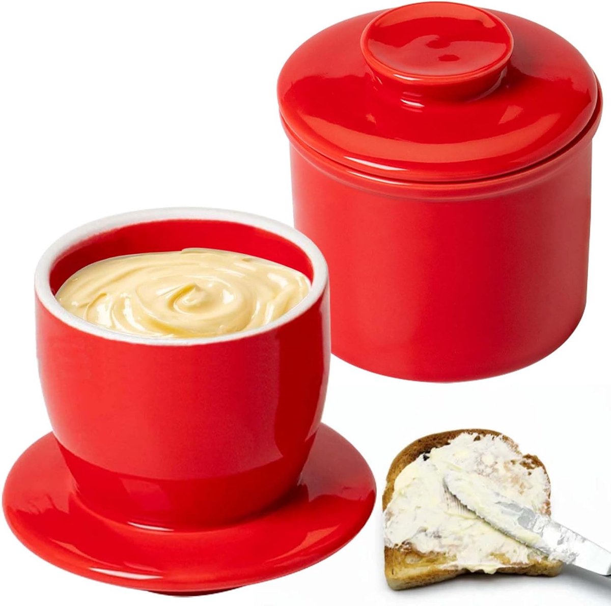Franse Botervloot, Keramische Botervloot Met Rond Deksel, Boterbel, Rood