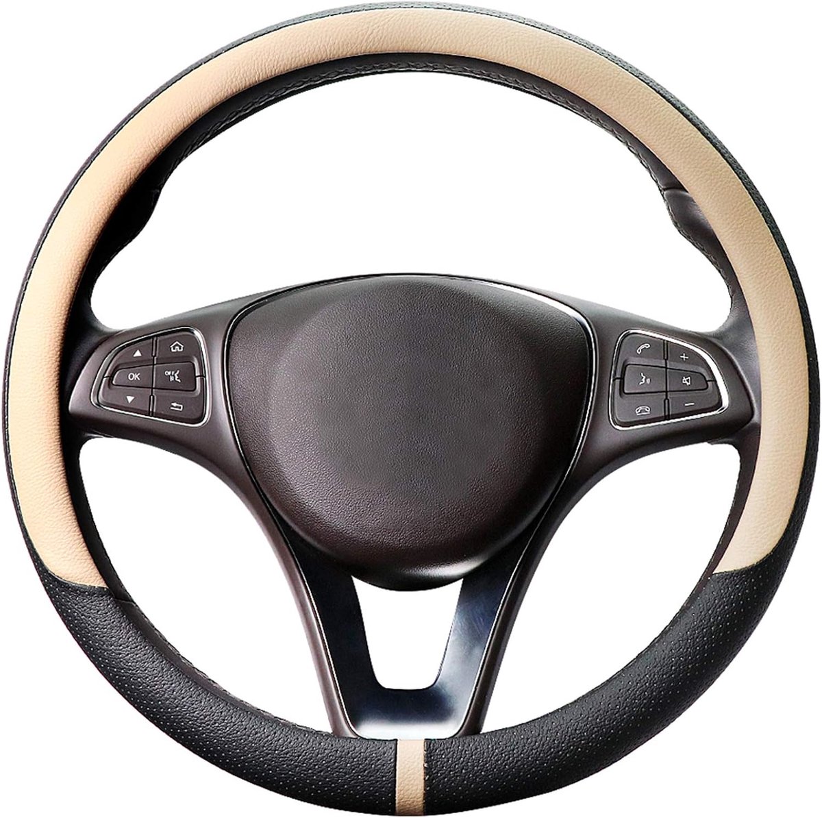 15 inch Ademend Stuurhoes Auto Leer Universele Autostuurwielhoezen Ederen Stuurwielhoes Beschermer Stuur Hoes Maat M 37-38cm Zwart en Beige