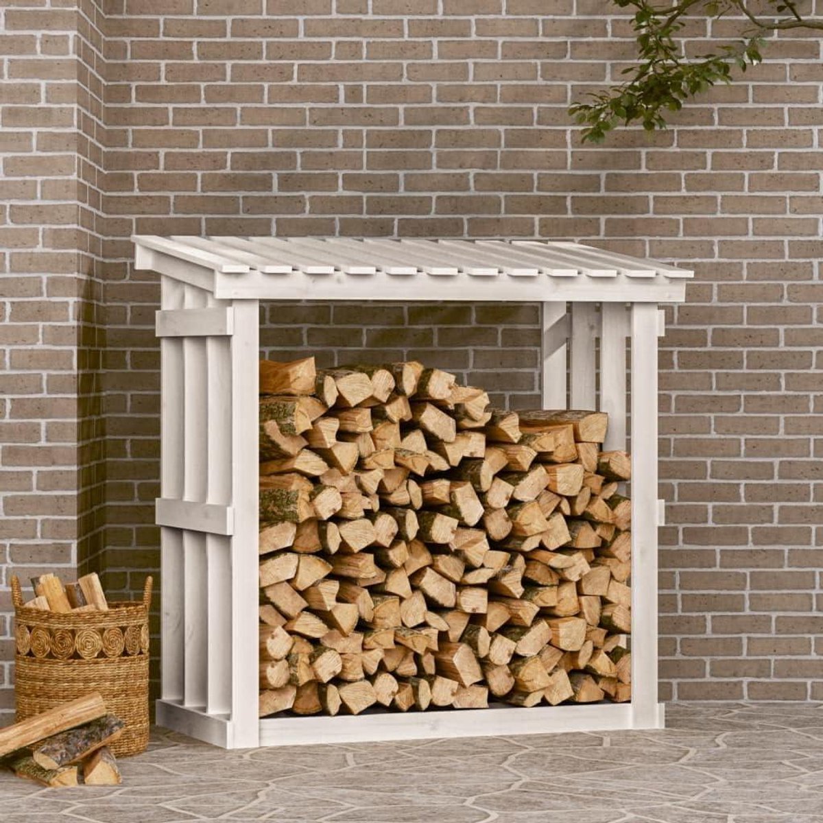Haardhoutrek - Brandhout opslag - Haardhout opbergen - Massief grenenhout - 108x645x109 cm - Wit