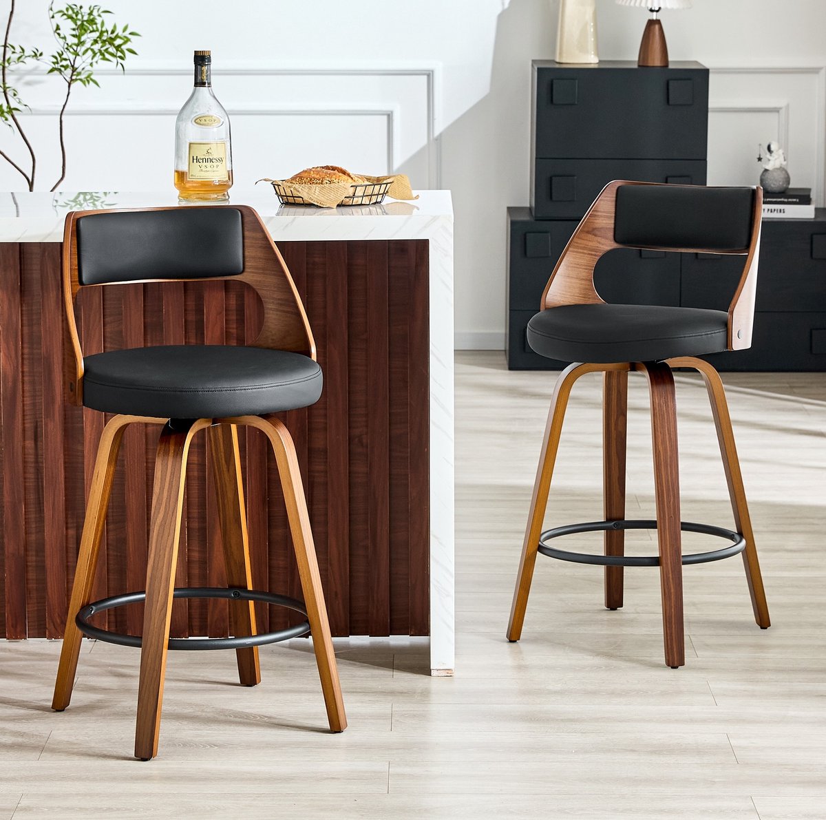 MIVRAY Barkruk 47 x 47 x 92 cm - Set Van 2 Met Rugleuning En Voetsteun - Voor Keuken En Bar - Hout En PU-leer - Zwart
