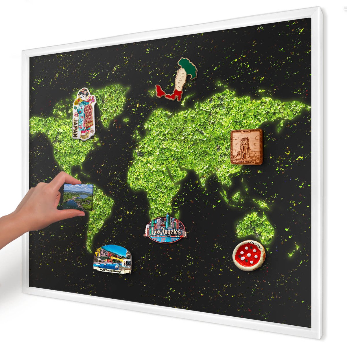 Artprintcave Groente Magneetbord mit Witte Lijst - 80x60 cm - Groene Kaart Magneet Bord mit Frame - Abstract Memobord Keuken - Natuur