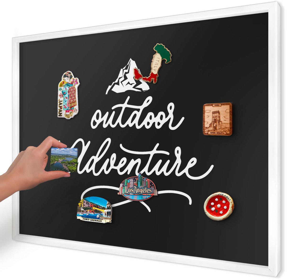 Artprintcave Zwart Magneetbord mit Witte Lijst - 70x50 cm - Buitenavontuur Notitiebord - Typografisch Memobord Keuken - Teksten