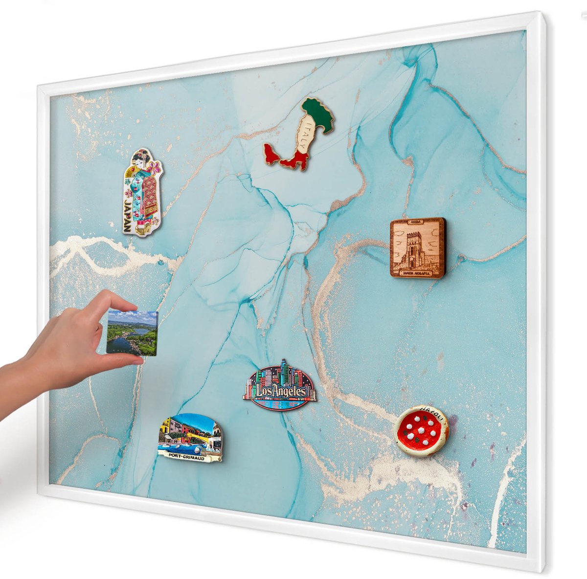 Artprintcave Turkoois Magneetbord mit Witte Lijst - 80x60 cm - Turquoise Elegantie Notitiebord - Abstract Magneetbord Voor Keuken - Abstractie