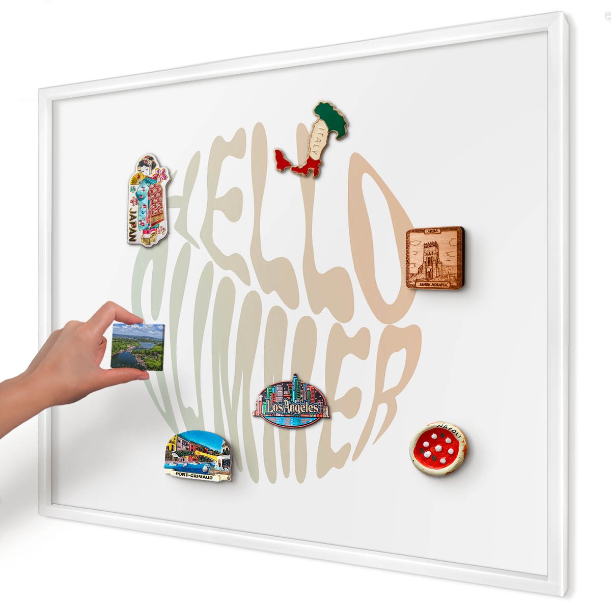 Artprintcave Wit Magneetbord mit Witte Lijst - 80x60 cm - Hallo Zomer Magneetbord Voor Foto's - Typografisch Magneetbord Voor Keuken - Texturen