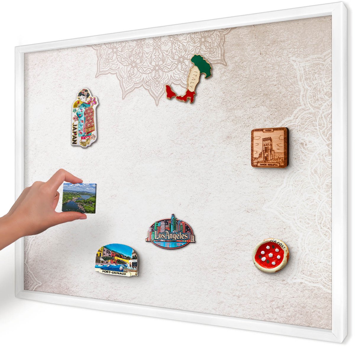 Artprintcave Romig Magneetbord mit Witte Lijst - 70x50 cm - Etnische Patronen Magneet Bord mit Frame - Boho Magneetbord Voor Foto's - Achtergronden En Patronen