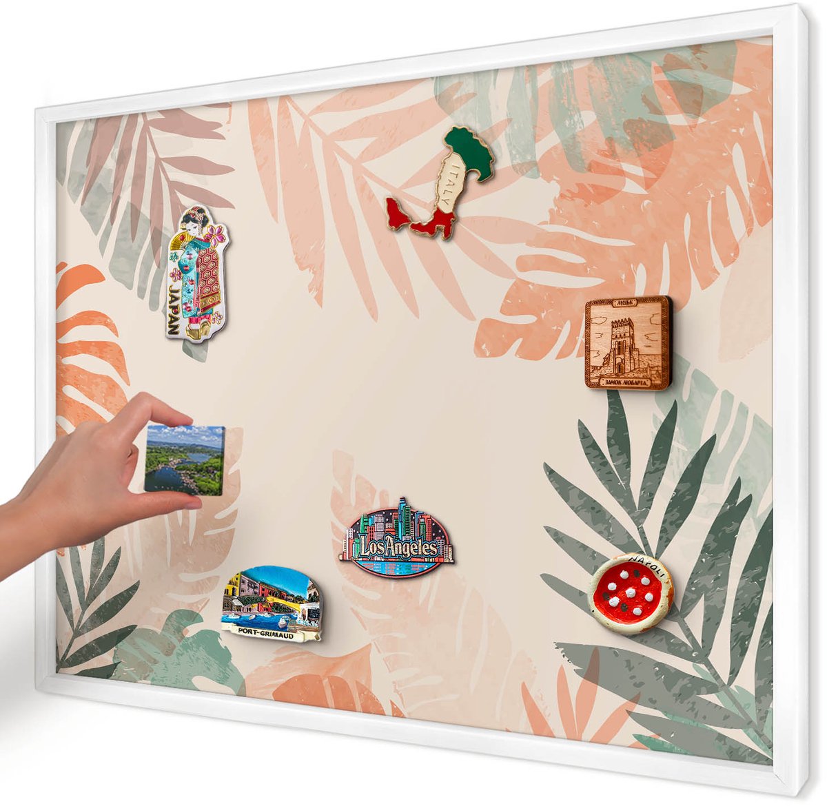 Artprintcave Beige Magneetbord mit Witte Lijst - 70x50 cm - Tropische Bladeren Magneet Bord mit Frame - Modern Magnetisch Bord - Bloemen En Planten